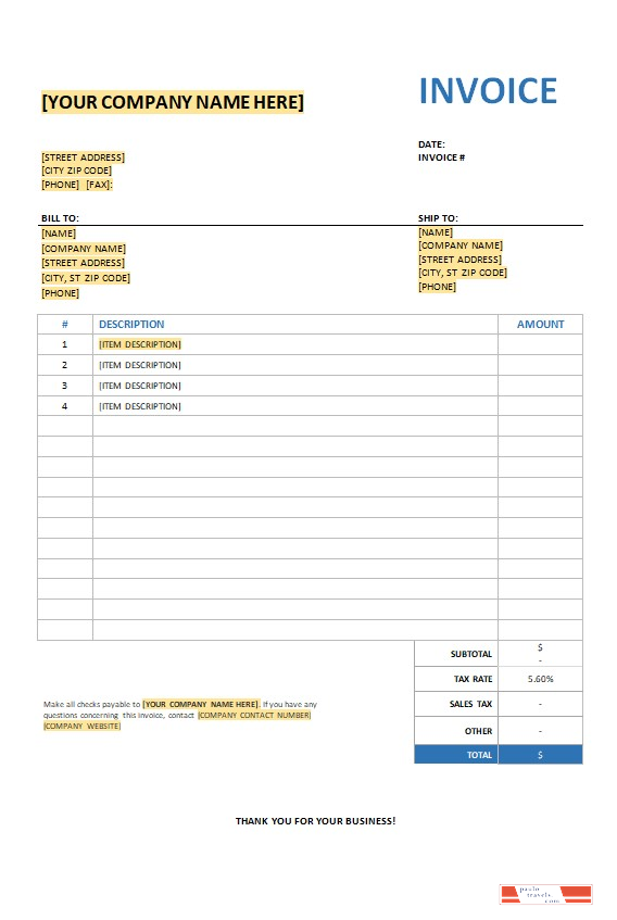 Free Invoice with Sales Tax Template PSD template